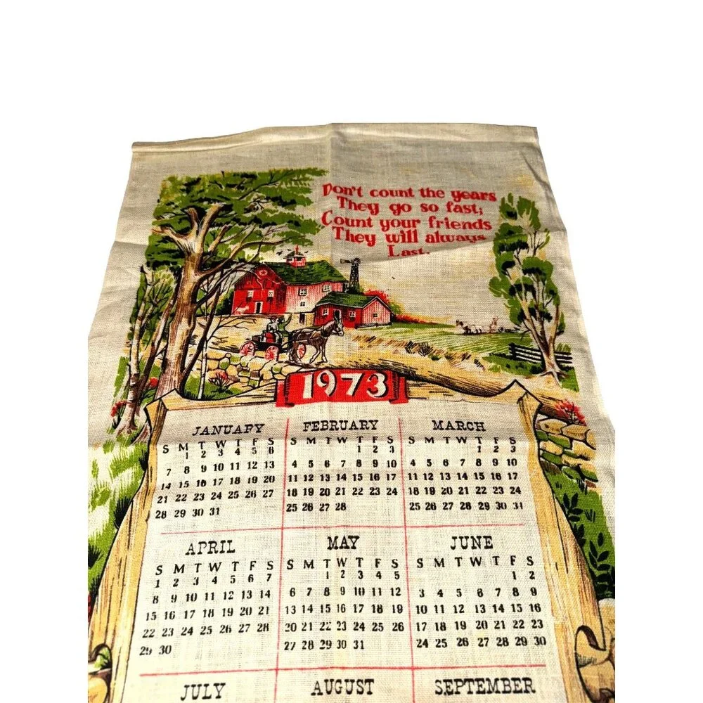 Vintage 1973 Cloth Wall Hanging Calendar Farm Theme
